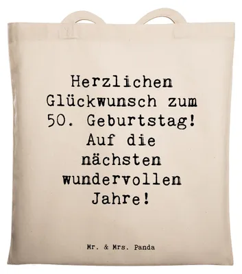 Produktbild von Mr. & Mrs. Panda umhängebeutel Spruch 50. Geburtstag Glückwunsch - Transparent - Geschenk, Geburtstagsgeschenk, Tote Bag, fünfzigster, Jubiläum, Shopping Tasche, Alter