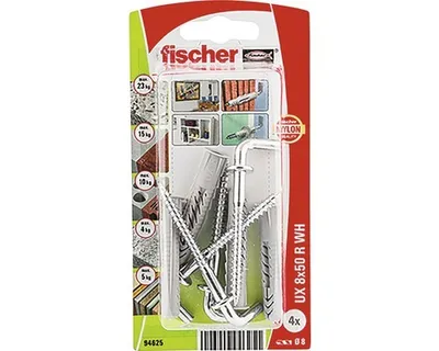 Obrázek produktu pro Fischer 94625, Sada šroubovacích háčků a hmoždinek, Cihla, Betonový, Sádrokarton, Nylon, Šedá, CE, 8 mm