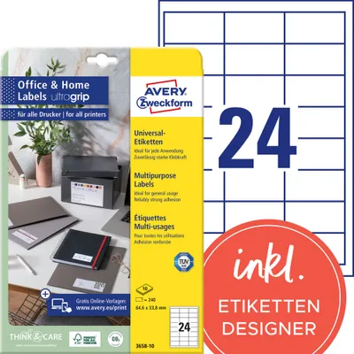 Produktbild von Avery Zweckform 3658-10 Etiketten, Home Office, Kleinpackung, A4 mit ultragrip,  Adressaufkleber 64,6 x 33,8 mm, weiß