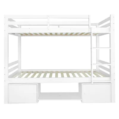 Produktbild von Flieks Etagenbett 90x200cm mit Schuhregal und Schließfächer, Hochbett mit Rausfallschutz und Leiter, Kinderbett Massivholzbett Einzelbett, Weiß