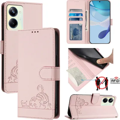 Produktbild von Leder Hülle für Realme 10 Pro 5G Süße Katze Flip Case Brieftasche Schutzhülle mit Standfunktion Pink