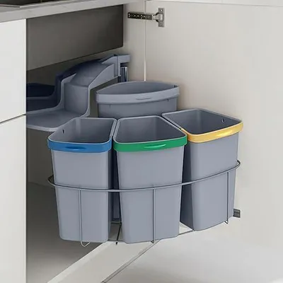 Imagen del producto de Contenedor de basura empotrable para cocina, sistema de separación de residuos de 4 compartimentos, para mueble bajo de 50 cm de ancho, con capacidad de 3 x 6 litros + 1 x 12 litros. Contenedor de basura empotrable, abatible con tapa, color gris