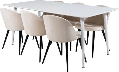 Produktbild von Polar180X90WHWH Essgruppe Esstisch weiß und 6 Velvet Esszimmerstühle Velour beige, schwarz.