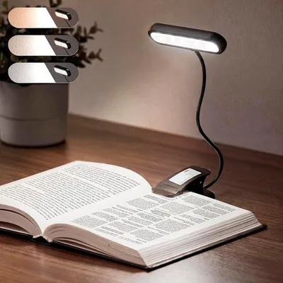 Obrázek produktu pro Nabíjecí lampička na knihu – klipová lampa – ideální pro čtení v posteli – 3 barvy, 10 úrovní jasu – 1 kus – černá