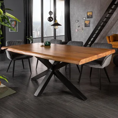 Produktbild von riess-ambiente Esstisch MAMMUT 200cm schwarz massive Akazie Metall Sterngestell Baumkante 6cm Tischplatte