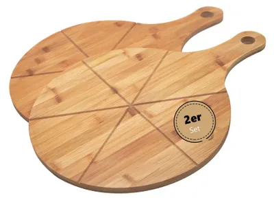 Produktbild von hausleben Pizzabrett 33 cm Bambus 2er Set – Rundes Schneidebrett mit Griff und Schneiderillen – Holz Pizzateller für Flammkuchen, Holzteller Servierbrett für Pizza, Leicht zu Reinigen