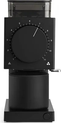 A black electric coffee grinder is shown against a white background.