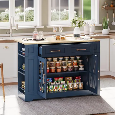 Image de Îlot de cuisine mobile Merax 120 cm avec portes vitrées et étagères ouvertes, desserte avec table à manger rabattable, desserte avec prises électriques et ports USB, roulettes, bleu