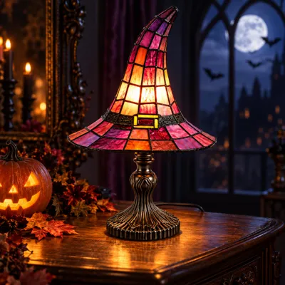 Produktbild von Gothic-Nachtlicht in Hexenhutform, Halloween-Tischlampe aus Kunstharz mit USB-Stromversorgung, Vintage-Deko für Schlafzimmer, Wohnzimmer und Büro