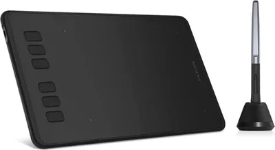 A black graphics tablet and stylus are shown on a white background.