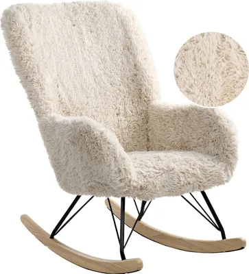 Produktbild von BELIANI Schaukelstuhl Hellbeige Kunstfell Gepolstert mit Holzbeinen Landhausstil Skandinavisch Modern Pelz Fell für Babyzimmer Kinderzimmer Wohnzimmer