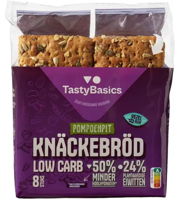Produktbild von TastyBasics Low Carb Knäckebröd mit Kürbiskernen, 160 g – ballaststoffreich & knusprig