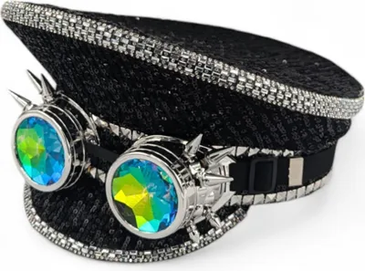 Produktbild von Schwarze Glitzer-Kapitänsmütze mit irisierenden Steampunk-Brillen