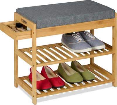 Produktbild von Relaxdays Schuhbank, Polsterbank mit Schuhablage, 2 Ebenen, Schublade, HBT: 49 x 55 x 30 cm, Bambus & Leinen, natur/grau