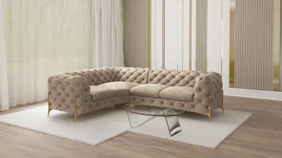 Produktbild von S-STYLE MÖBEL - Chesterfield Ecksofa Nova mit Goldene Metall Füßen aus Dunkle Creme Samtstoff, B/T/H: 264 cm / 204 cm / 75 cm