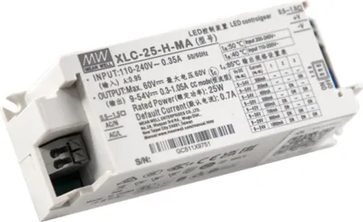 A white LED driver power supply with labels and connectors.