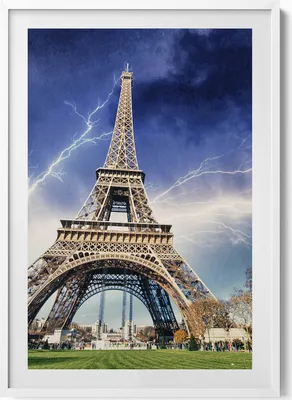 Produktbild von Eiffelturm, Blitze und Gewitter– Wandbild mit Rahmen – Gerahmtes Bild  – Wanddekoration – 70x100 cm –  Weiß Rahmen
