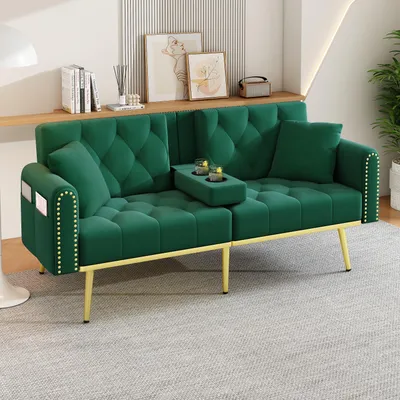 Immagine prodotto di Merax divano a 2 posti, divano con funzione reclinabile, 3 angoli di inclinazione, portabicchieri, cuscini, divano letto, poltrona, divano lounge, soggiorno, velluto, verde