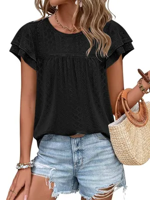 Produktbild von Sommerliches Babydoll-Top für Damen mit Rundhalsausschnitt, Rüschenärmeln und Cut-outs,Größe:L