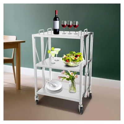 Produktbild von Servierwagen mit Rollen, 3 Etagen, klappbarer Edelstahltisch, robuster Metall-Rolltisch für die Küche, 63 * 40 * 95 cm