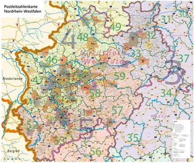 Produktbild von GeoMetro Regional-Karte Nordrhein-Westfalen Postleitzahlen PLZ NRW (118 x 100 cm)