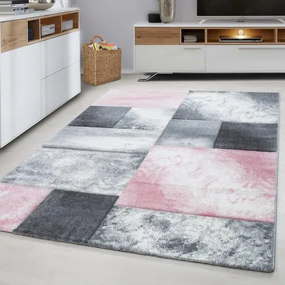 Productafbeelding van Ayyildiz Moderne en design vloerkleden Pink 240x340 cm Laagpolig vloerkleed, geruit patroon, roze, vloerkleed voor de woonkamer, jute achterkant