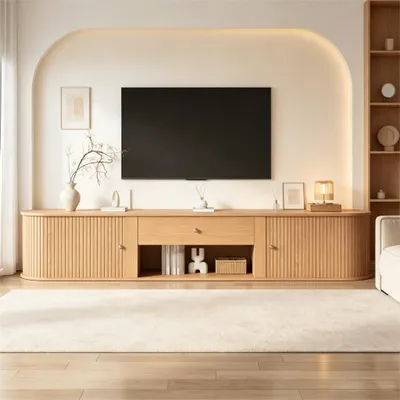 Immagine prodotto di Mobile TV a basso profilo con design arrotondato, 2 ante a ribalta, 1 cassetto, finitura in legno, stile moderno