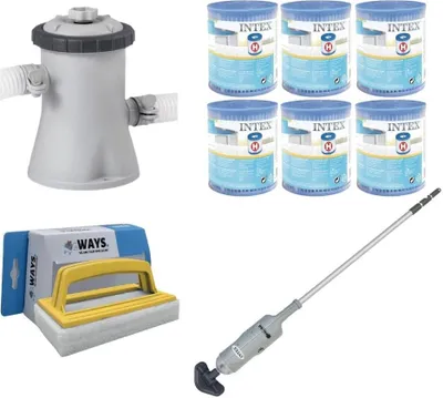 Obrázok produktu pre WAYS - Starostlivosť o bazén - Bazénový vysávač a filtračné čerpadlo 1250 L/u a 6 filtrov typu H & WAYS čistiaca kefa