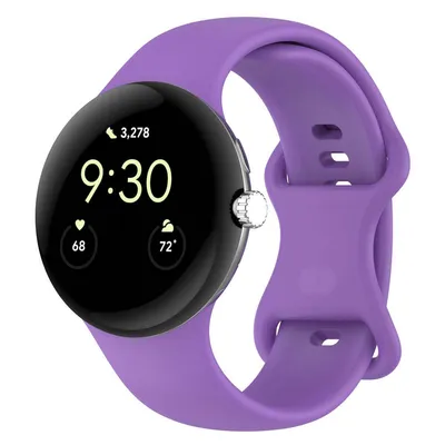A close-up studio shot of a purple smartwatch with a black screen displaying the time and health metrics.