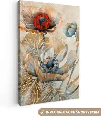Produktbild von MuchoWow® - Leinwandbilder - Blumen - Beige - Modern - Illustration, Wandbild, Wanddeko Bilder Wohnzimmer, 80x120 cm