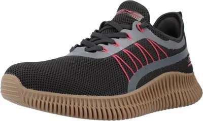 A single black Skechers Bobs Geo sneaker with pink and gray accents and a brown sole is shown against a white background.
