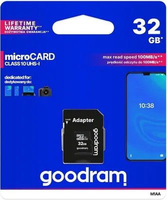 Zdjęcie produktu dla SPEICHERKARTE GOODRAM microSD 32GB Class 10 UHS I 100MB/s z adapterem SD