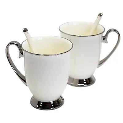 Zdjęcie produktu dla Biały kubek 2 szt. chromowane uchwyty łyżeczka porcelanowa elegancka królowa Isabel