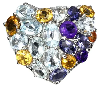 Produktbild von Ring aus 925er Silber mit Tansaniten, Aquamarinen und Zitronenquarzen, Größe 13,5