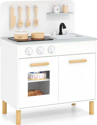 Produktbild von COSTWAY Kinderküche mit 10 Zubehör, Spielküche Holz mit Licht und Sound, Spielzeugküche mit Herd & Spüle & Backofen, Holzküche für Kinder 3+ Weiß