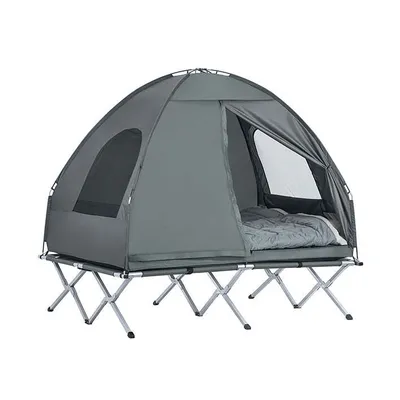 Produktbild von Rootz 4-in-1 Campingzelt Bundle für 2 Personen - Pop-Up Zelt - Feldbett mit Liege - Strapazierfähiges Oxford Nylon - Wasserdichtes Polyester - Einfacher Transport - 193cm x 188cm x 145cm - Hellgrau