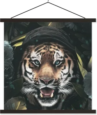 Produktbild von MuchoWow® Textilposter Tiger - Blumen - Kleidung 90x90 cm mit schwarzem Rahmen - Magnetisches