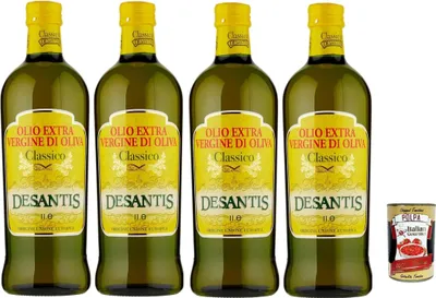 Produktbild von Desantis Olio Extra Vergine di Oliva Classico 1 L – 4er Pack (4×1 L, Glas) | kalt extrahiert, mild & ausgewogen für Küche & Rohverzehr – Premium italienischer Genuss + Italian Gourmet polpa