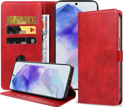 Obrázek produktu pro Vhodné pro Samsung Galaxy A55 Pouzdro na telefon z umělé kůže s magnetickým rtem a držákem na karty Pouzdro typu kniha s klopou - červené - Smartphonica