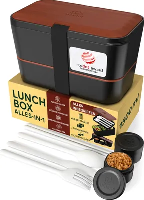 Produktbild von Umami Brotdose Bento-Lunchbox, mit Holzdeckel, Fächern, Besteck und 2 Saucentöpfen