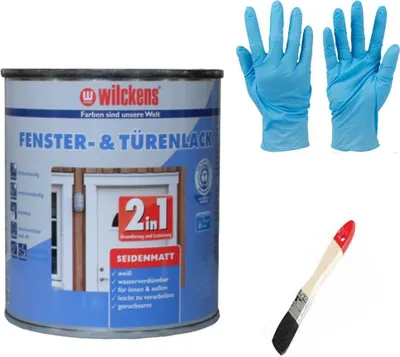 Produktbild von 2in1 Türen und Fensterlack weiss inkl. Pinsel von E-Com24 zum Auftragen und 1 Paar Nitrilhandschuhe (2 in 1 375 ml seidenmatt)