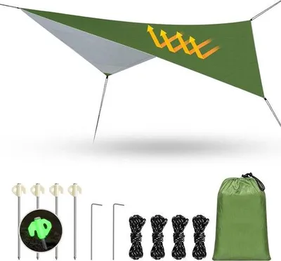 Produktbild von Wasserfestes Zeltplanen mit Augenloch 3,4m x 2,6m - Ultraleichter tragbarer Sonnenschirm mit 4 Aluminiumstangen und 4 Nylonseilen für Hängematte Picknick Camping