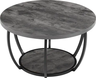 Image de SucceBuy Table basse ronde à deux niveaux avec un cadre métallique solide, un espace de rangement ouvert et une capacité de charge de 34,9 kg. Table basse minimaliste pour le salon en gris.