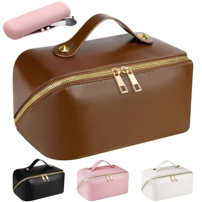 Image de Grande trousse de rangement étanche pour maquillage de voyage - Marron, avec compartiments