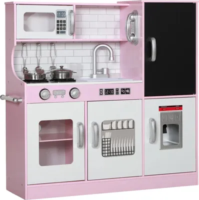 Produktbild von Kinderküche,Spielküchen-Set(Rosa),Spielküche,83,8x26,8x81cm mit Telefon, Kreidetafel, Mikrowelle, Herd, Spüle, Zubehör, Eiswürfelmaschine