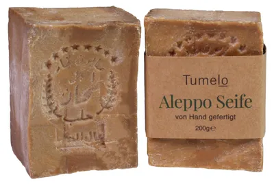 Produktbild von TUMELO Original Aleppo Seife 2 x 200g (400g) 80% Olivenöl 20% Lorbeeröl, handgemachte Olivenölseife Naturseife