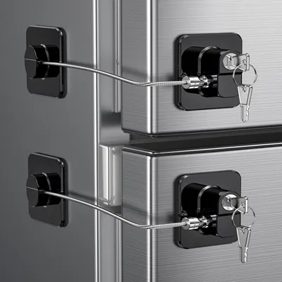 Produktbild von 2 Stück Kühlschrank Schloss mit Klebstoff, Kein Werkzeug Erforderlich, Kindersicherung Schrank mit Schlüsseln für Kinder, Kühlschrankschloss für Gefrierschrank, Schränke, Schubladen, Fenster (Schwarz), geeignet für Haushaltssicherheit zu Hause
