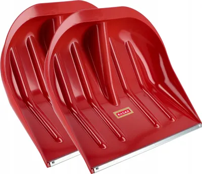 Two red snow shovels are shown side-by-side.