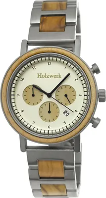 Produktbild von Holzwerk VIERSEN Herren Edelstahl & Holz Chronograph Datum Uhr, silber, beige