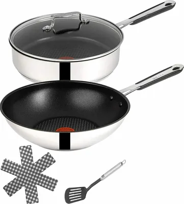Produktbild von Tefal Jamie Oliver E76 Pfannenset – 5tlg. Induktions-Kochset mit 25cm Schmorpfanne & 28cm Wok – Antihaft-Beschichtung, Glasdeckel,
